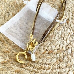 John Wind C Initial Gold‎ Suede Pearl Necklace